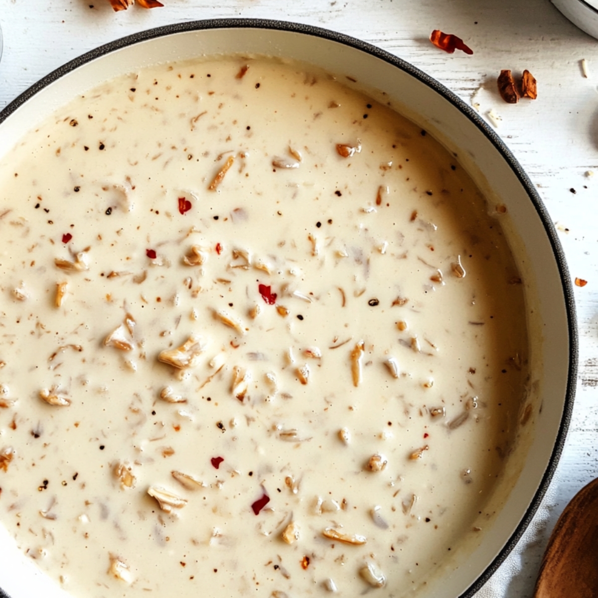 Coconut cream sauce gently simmering in a skillet