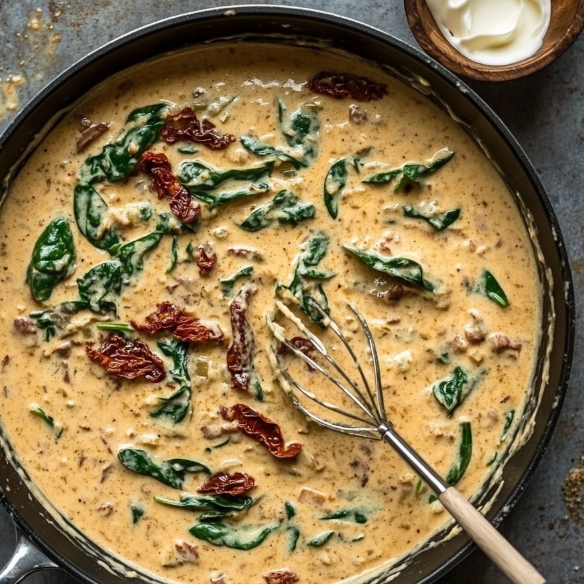  garlic cream sauce with spinach and tomatoes in stainless skillet