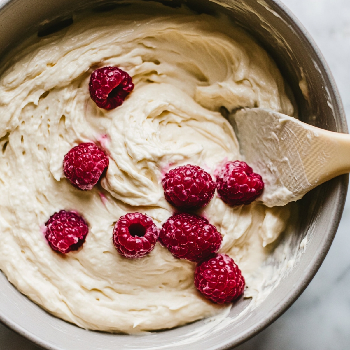 lumpy muffin batter with raspberries gently folded in