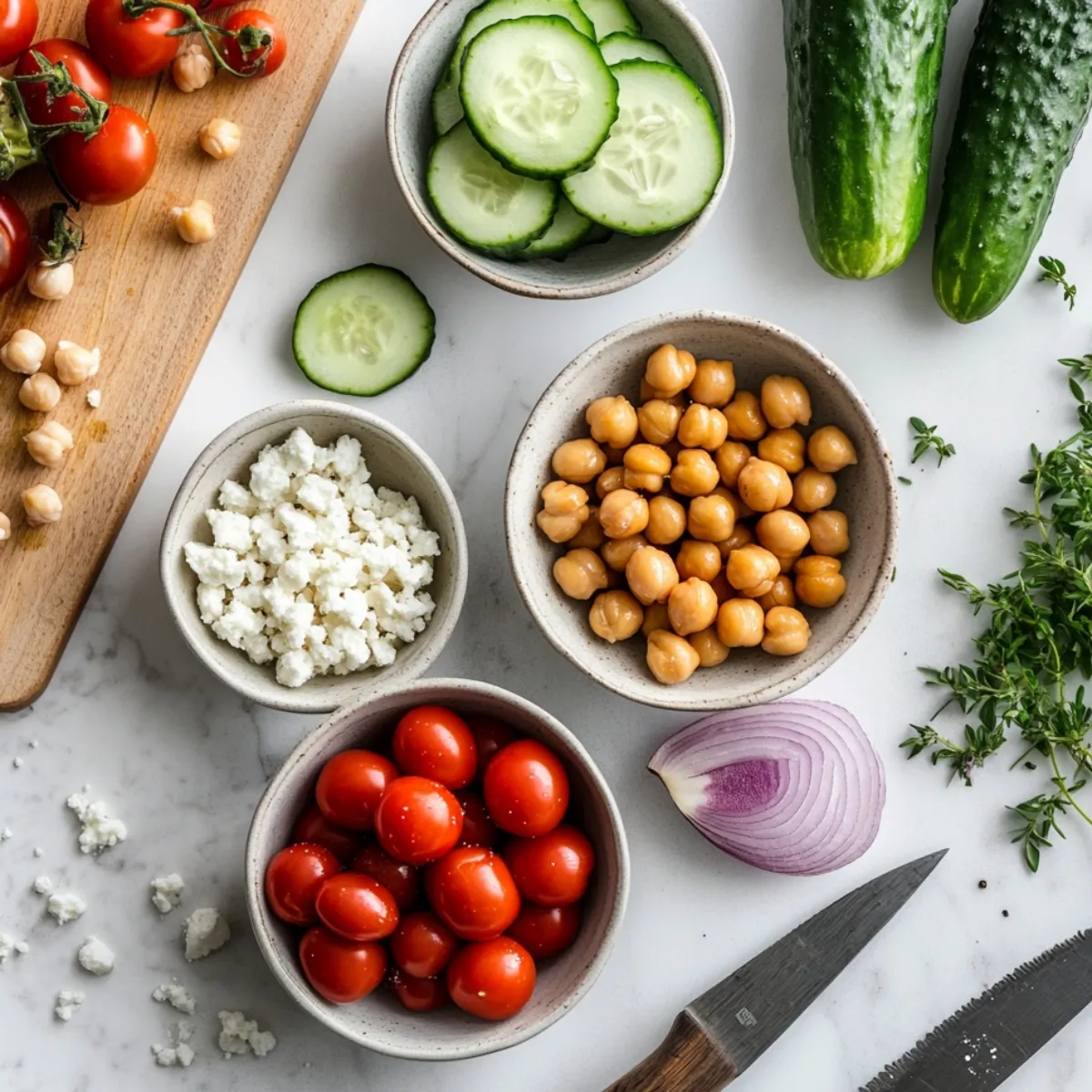  Fresh Mediterranean ingredients in bowls on white counter