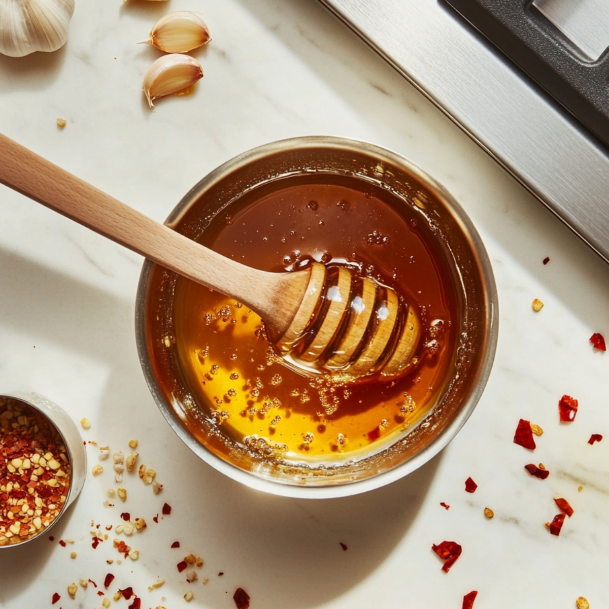 Hot honey sauce simmering on stove with scattered ingredients