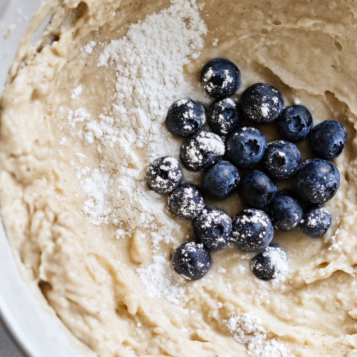 Thick ricotta pancake batter with fresh blueberries folded in