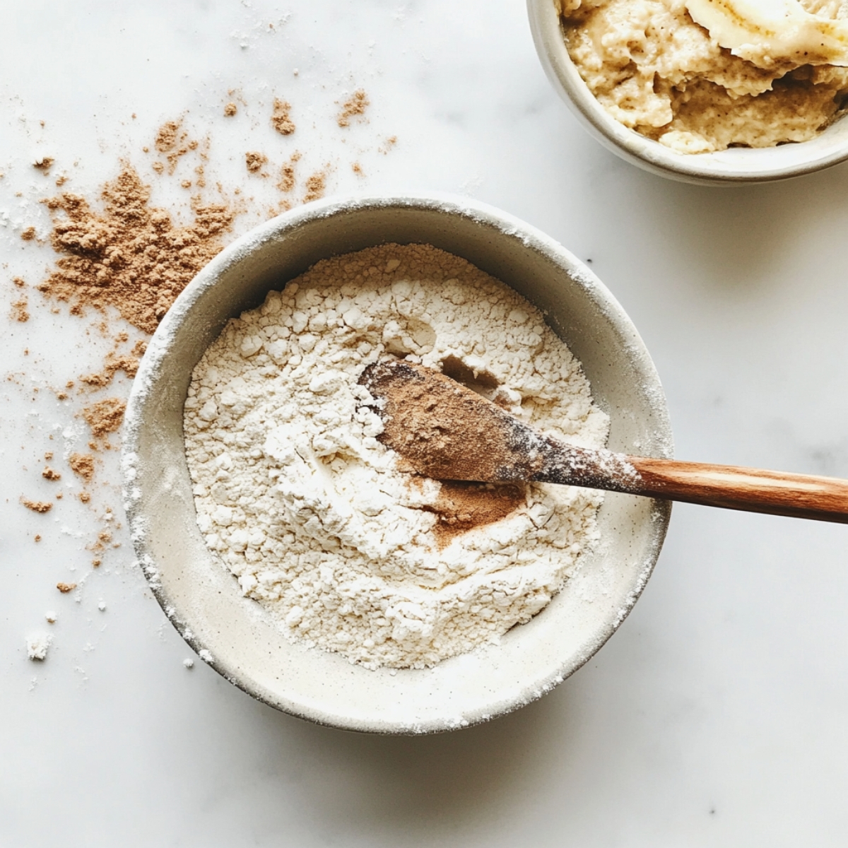 Mixing flour and spices for banana loaf on white counter