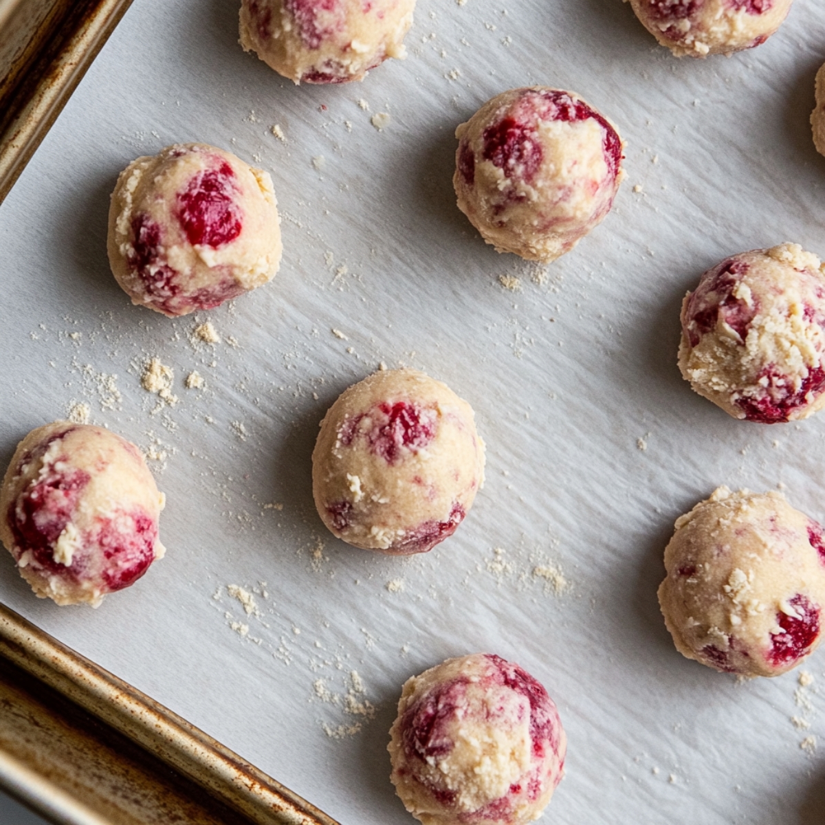 Unbaked raspberry cheesecake cookies on baking sheet
