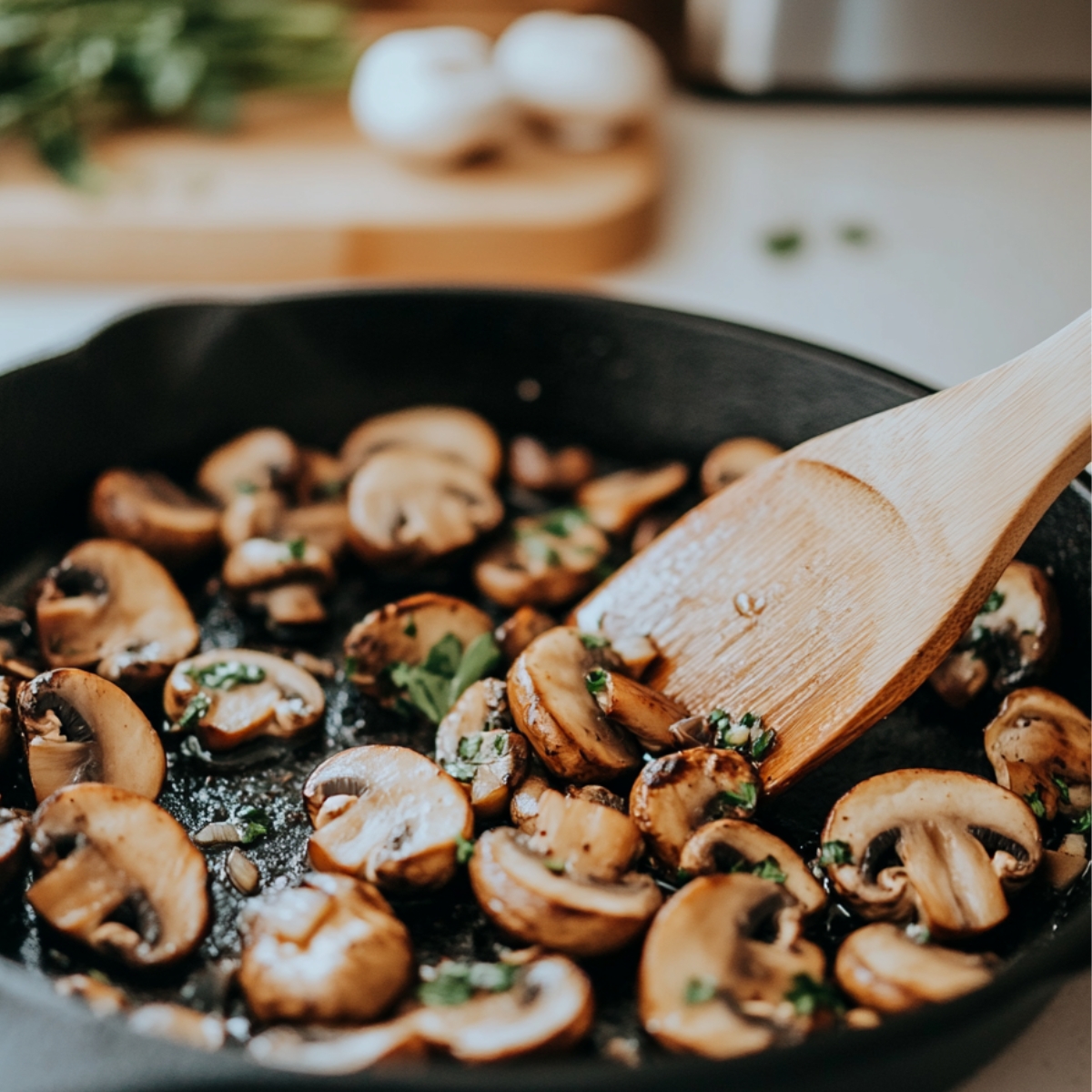 Golden sautéed mushrooms in skillet