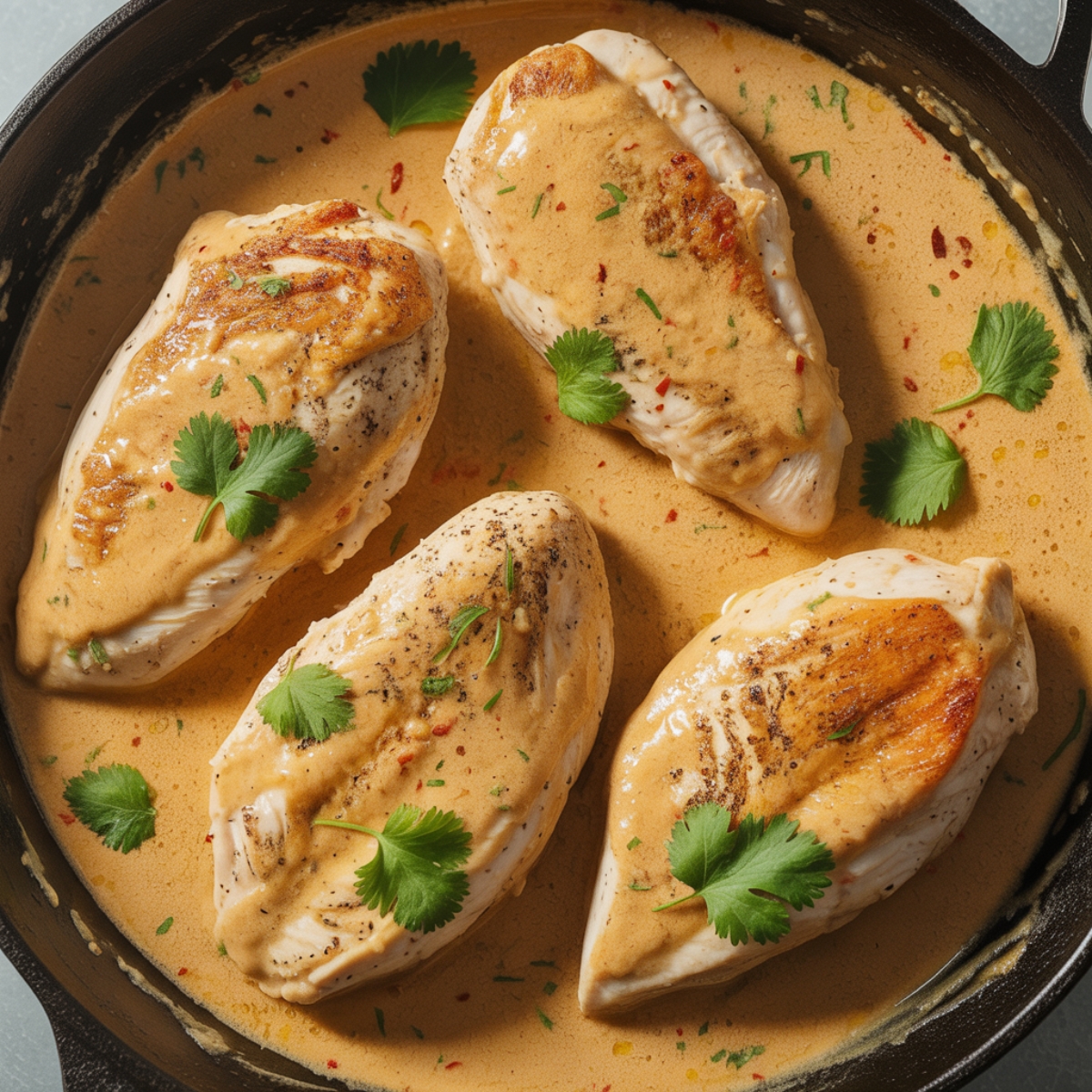 Chicken simmering in creamy coconut lime sauce in skillet
