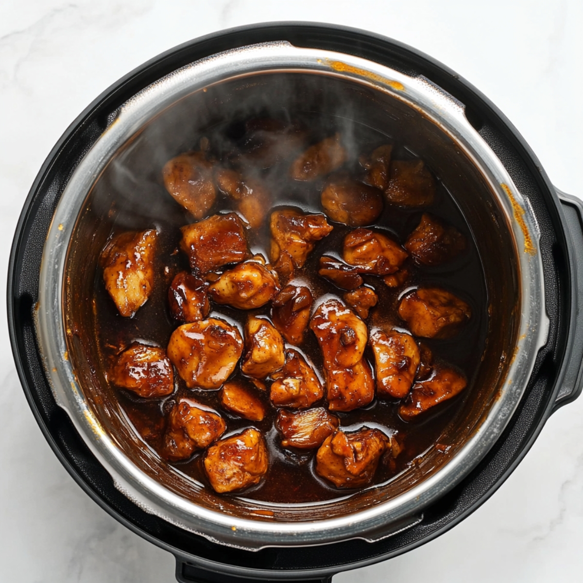 Thickened teriyaki sauce simmering around cooked chicken in an open Instant Pot.