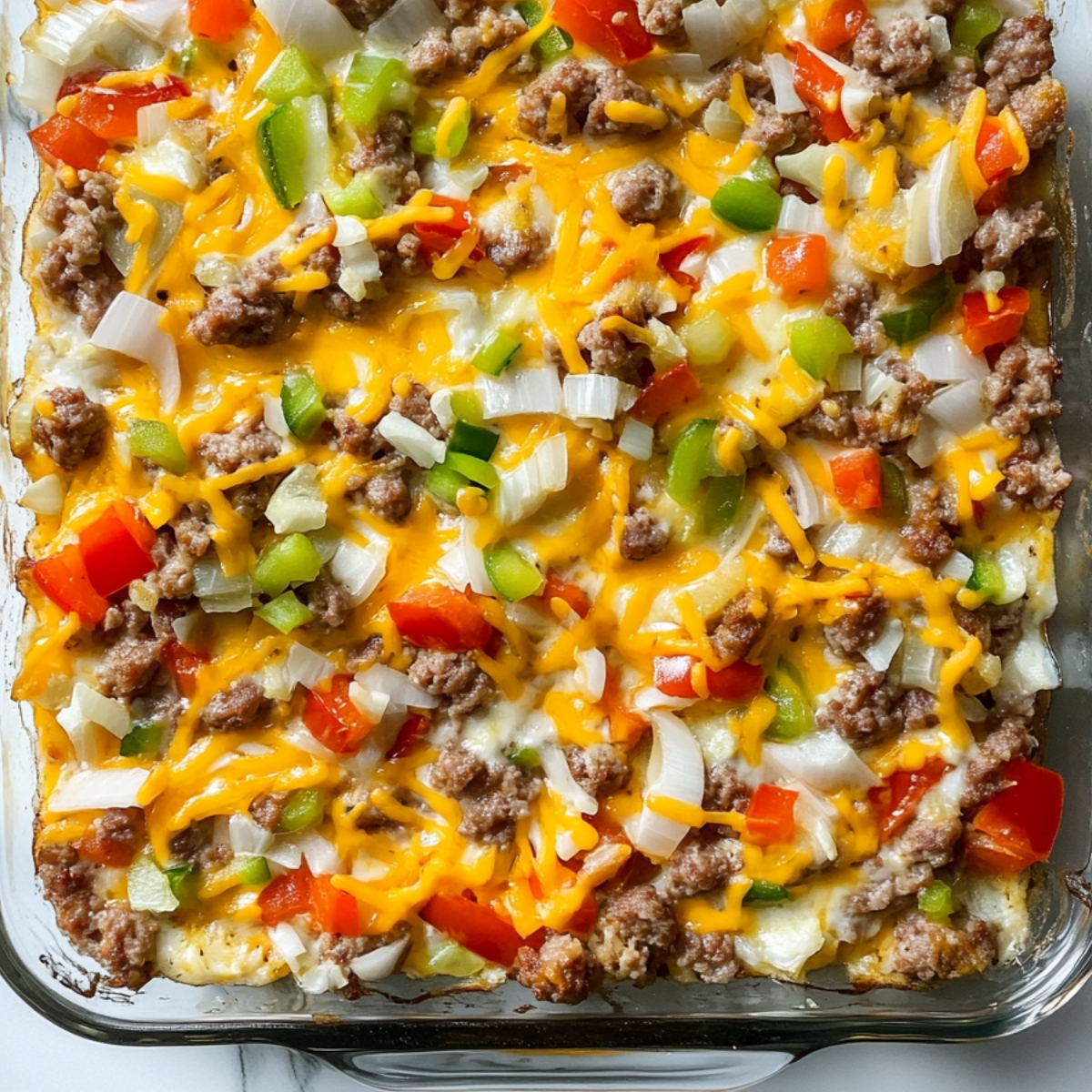 Raw eggs poured into layered sausage breakfast casserole

