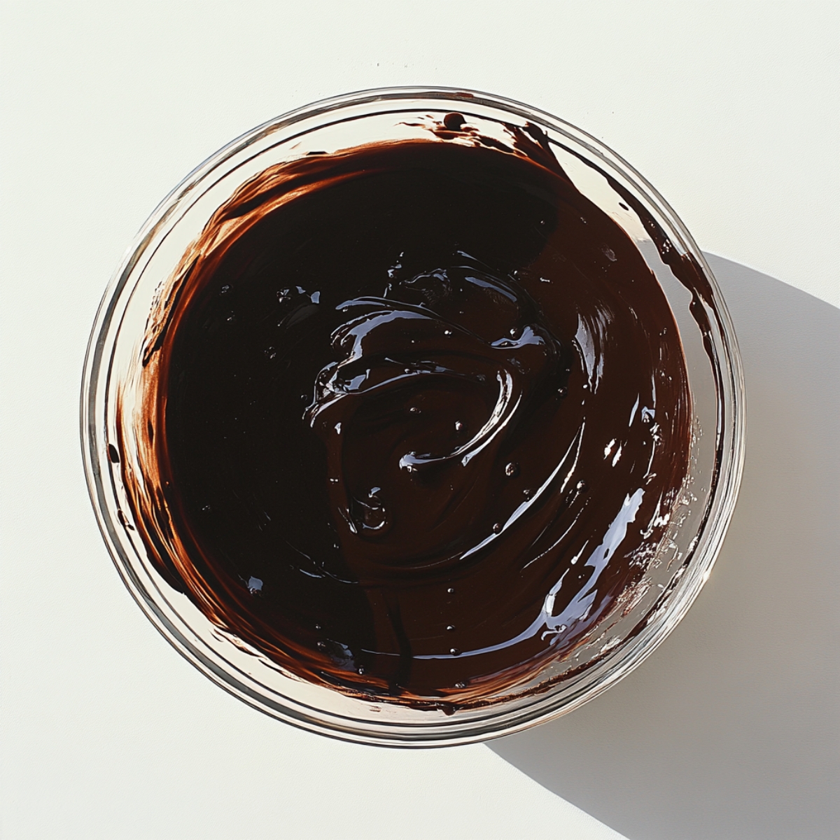 glossy chocolate ganache in glass bowl