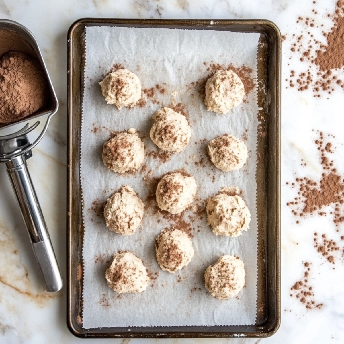 Unbaked tiramisu cookie dough portions on parchment paper