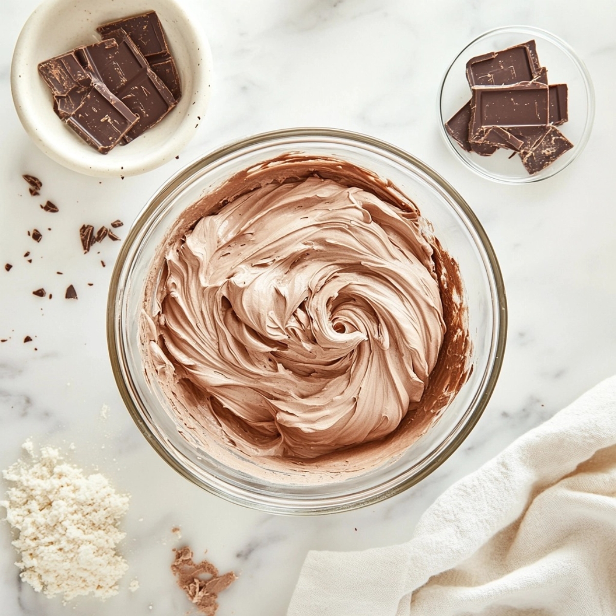 Fluffy whipped chocolate mousse in mixing bowl