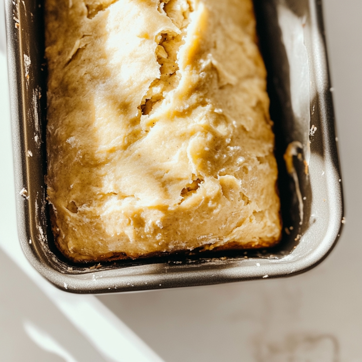 Banana loaf batter in pan ready to bake