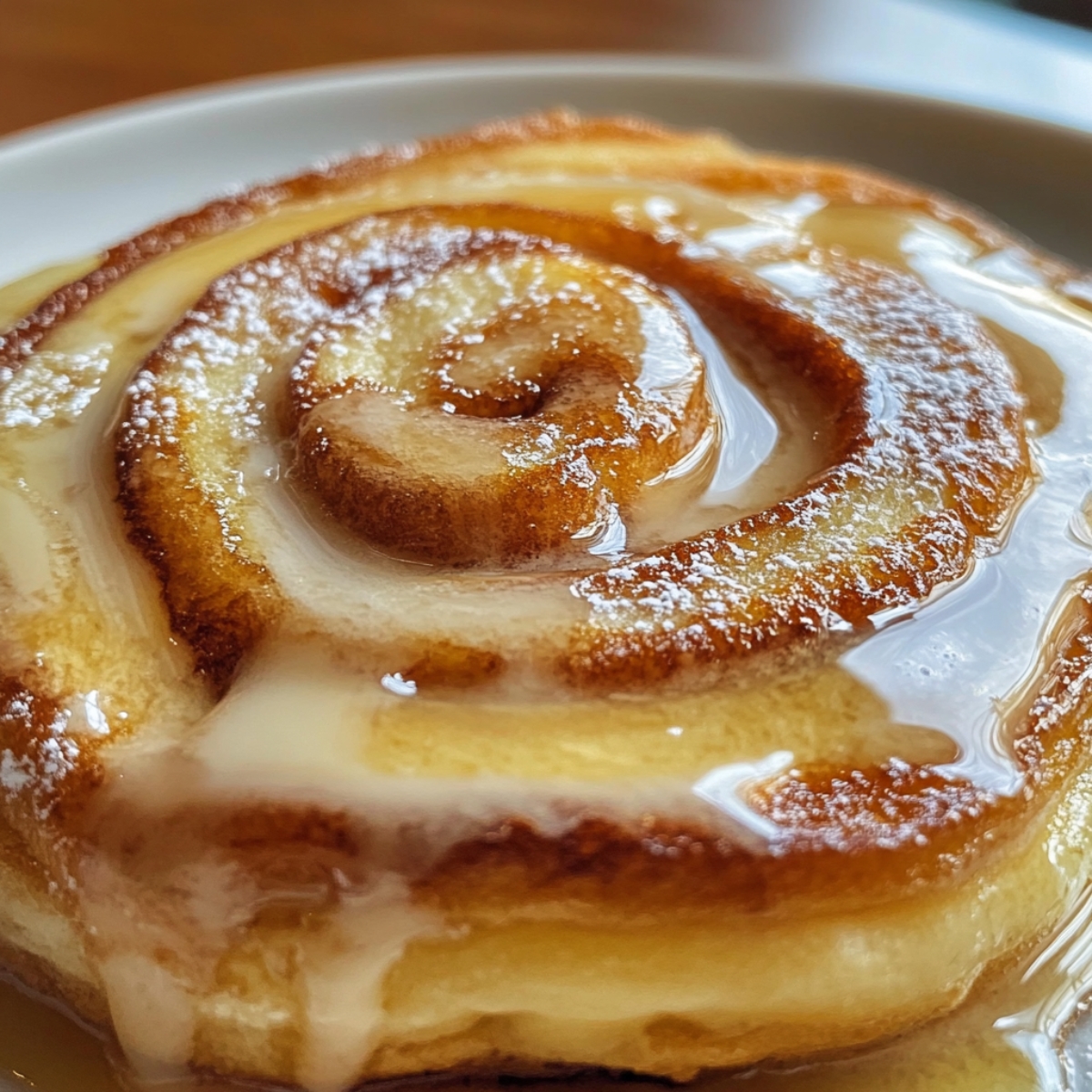 Stack of cinnamon swirl pancakes drizzled with cream cheese glaze

