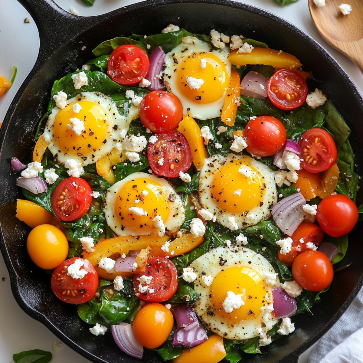 Eggs cracked into wells over diced veggies and feta in skillet

