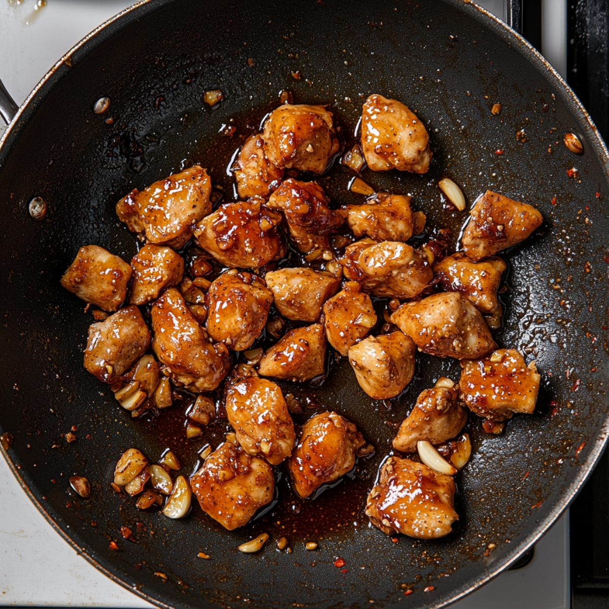 Chicken pieces caramelizing in hot honey sauce in a skillet