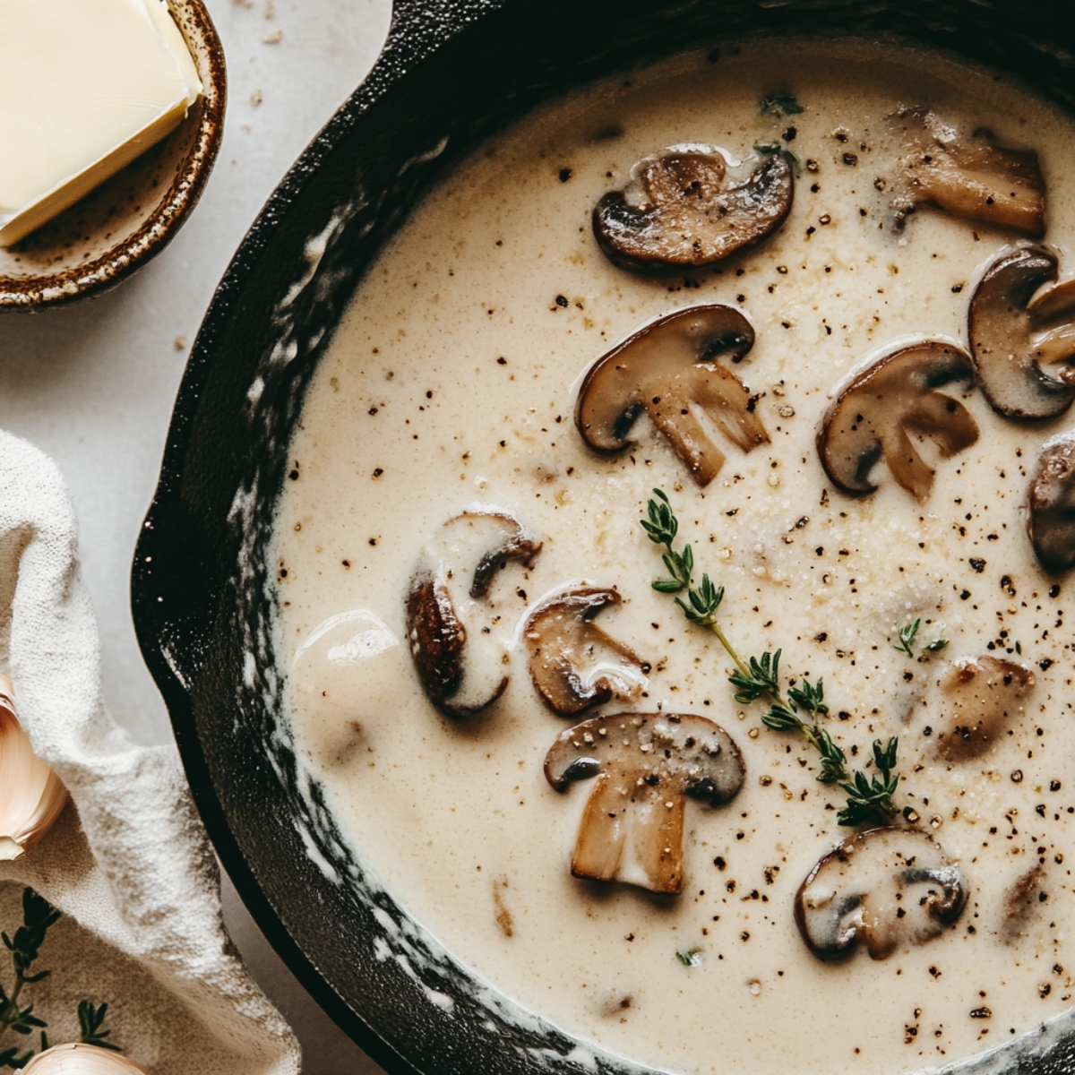Creamy mushroom sauce simmering in skillet