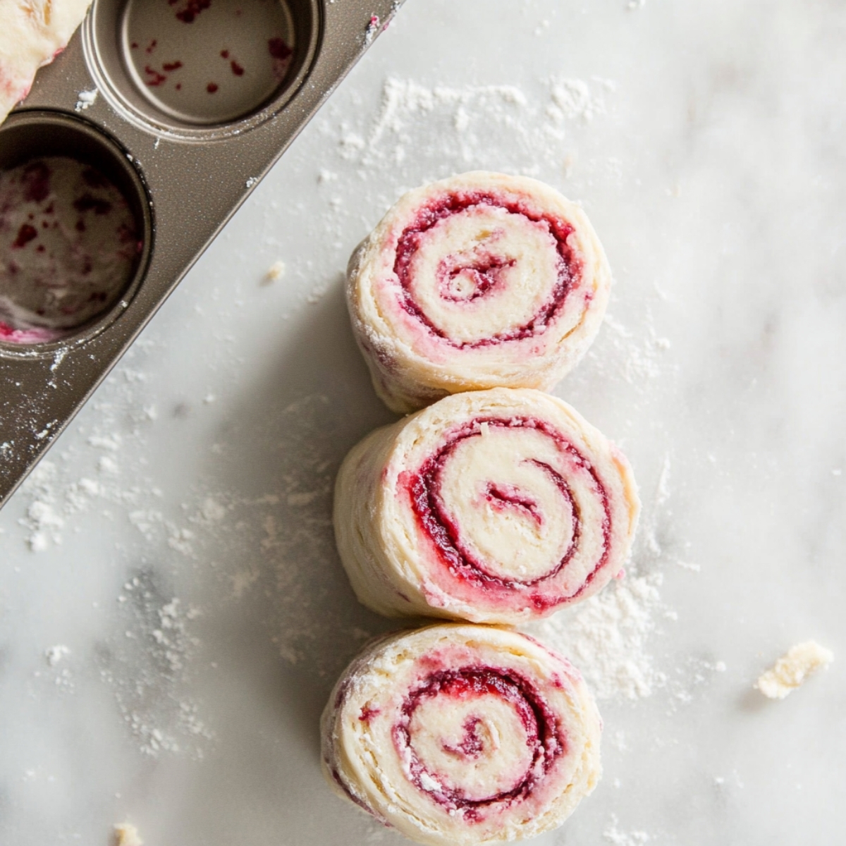 Close-up of sliced raspberry cream cheese cruffin dough