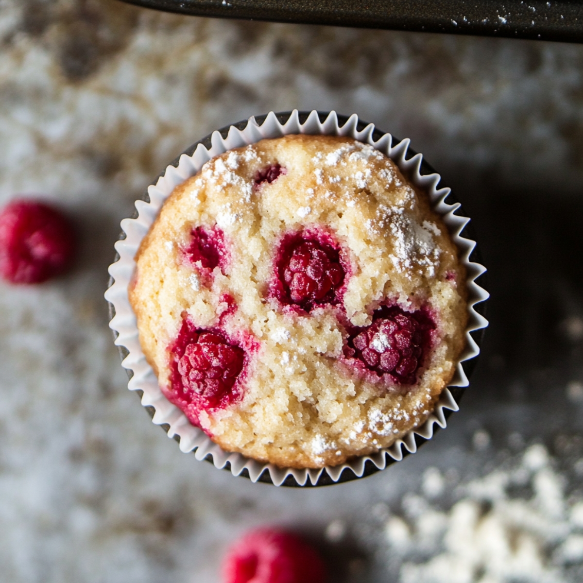 muffin cup filled with raspberry batter ready to bake