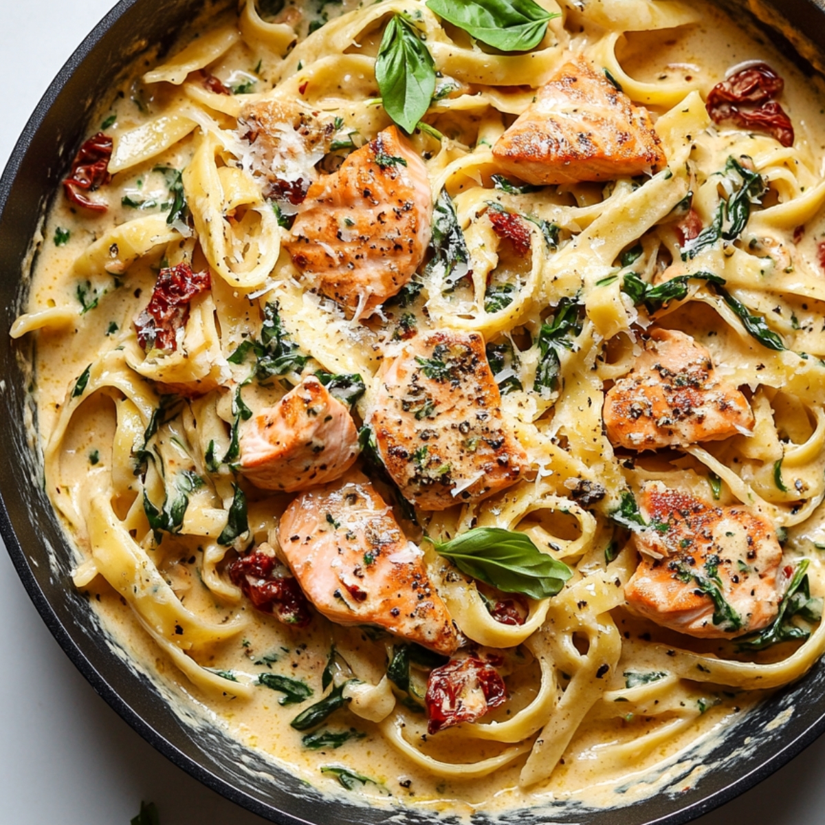 creamy salmon pasta with parmesan and basil in cooking skillet