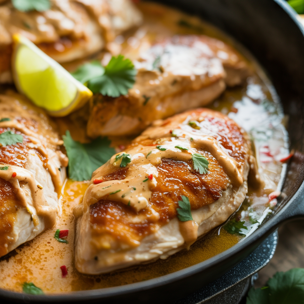 Finished coconut lime chicken in skillet topped with cilantro and green onions