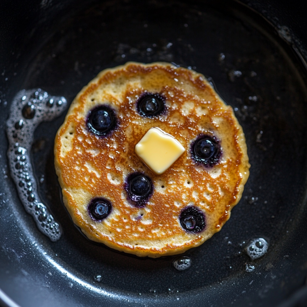 Lemon blueberry ricotta pancakes cooking in skillet with bubbles
