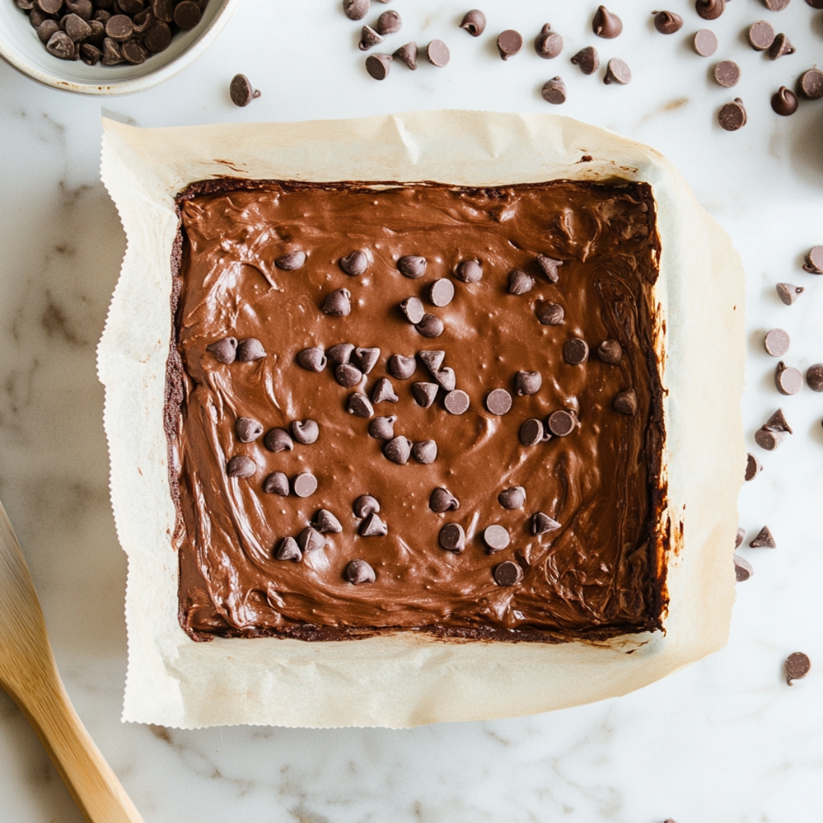 Protein brownie batter spread in pan topped with chocolate chips

