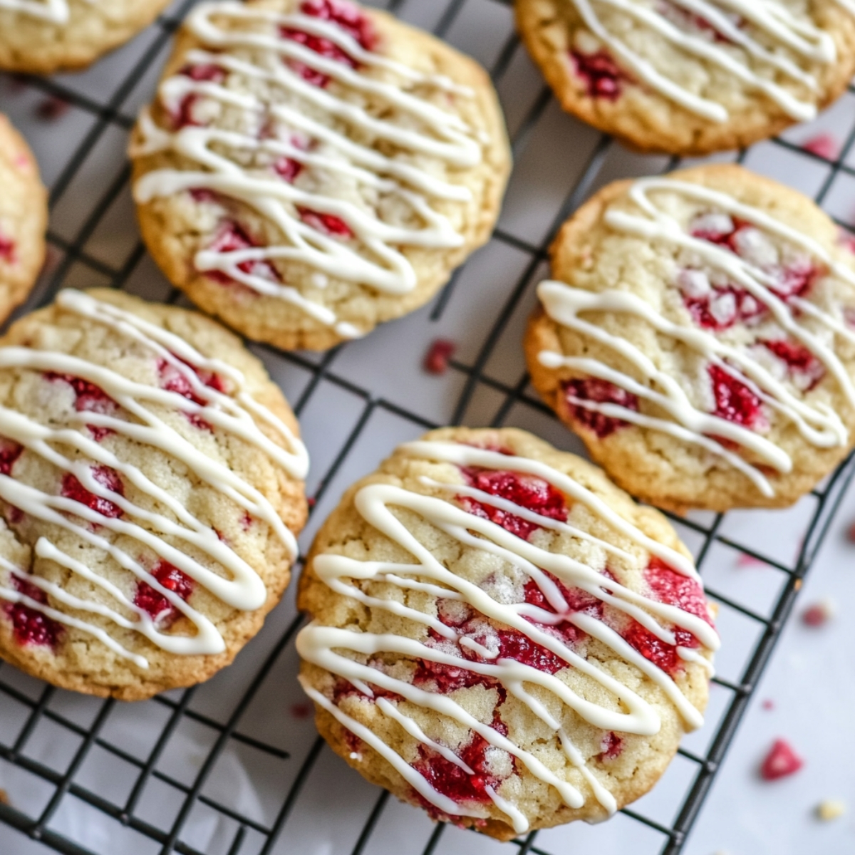 Raspberry cheesecake cookies with white chocolate drizzle