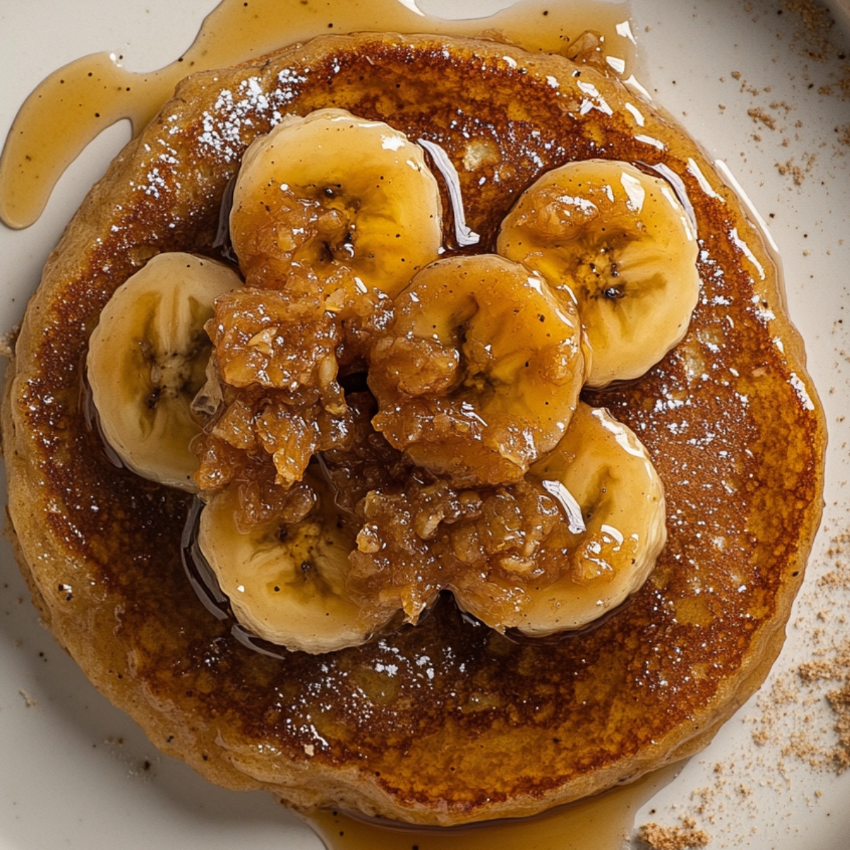  Stack of banana foster pancakes with topping and whipped cream