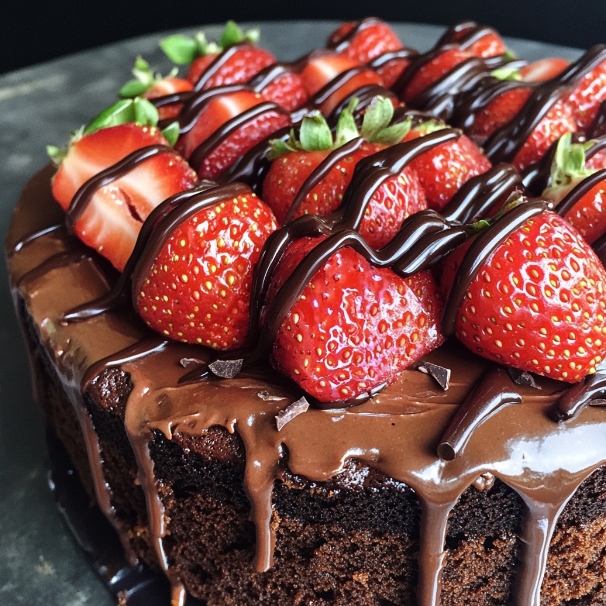 assembled strawberry chocolate cake with ganache