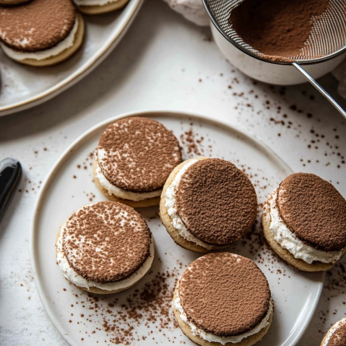 Sandwich tiramisu cookies with mascarpone filling and cocoa dusting