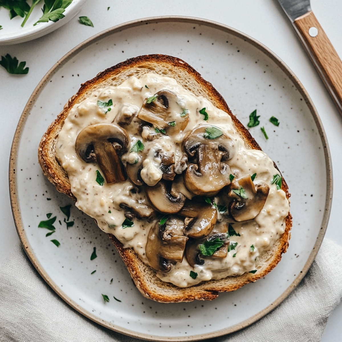 Creamy mushroom toast plated and garnished