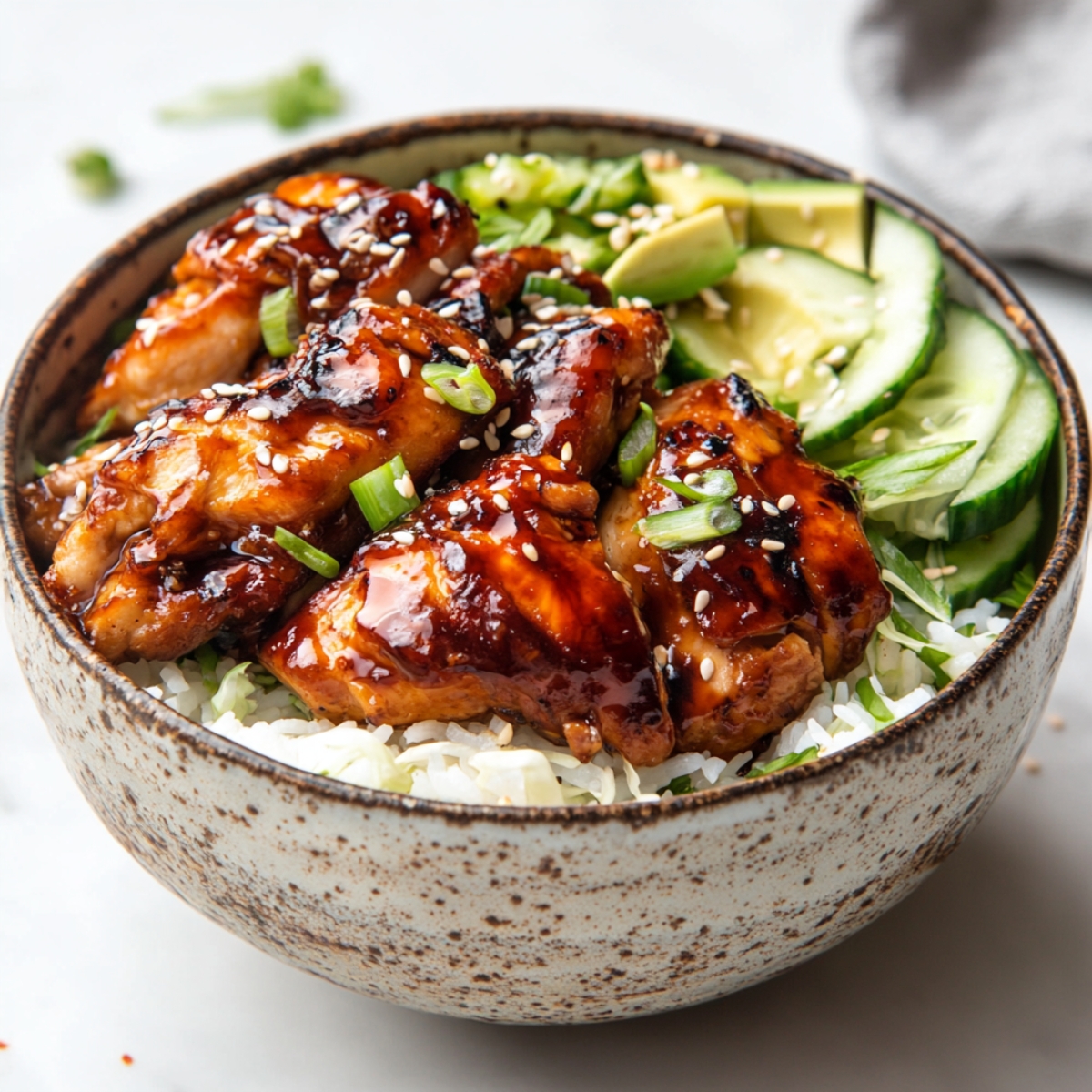 Finished hot honey chicken bowl with avocado, cabbage, and rice

