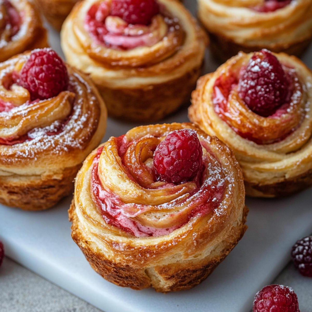 Close-up of glazed raspberry cream cheese cruffin with garnish