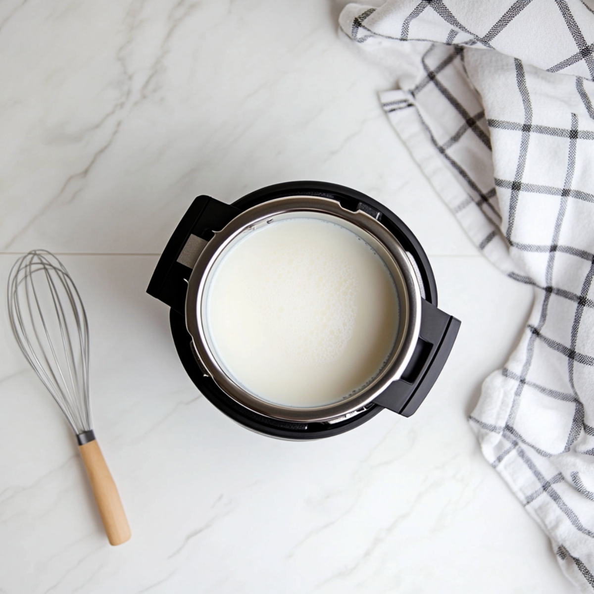 Milk heating in Instant Pot on white kitchen counter