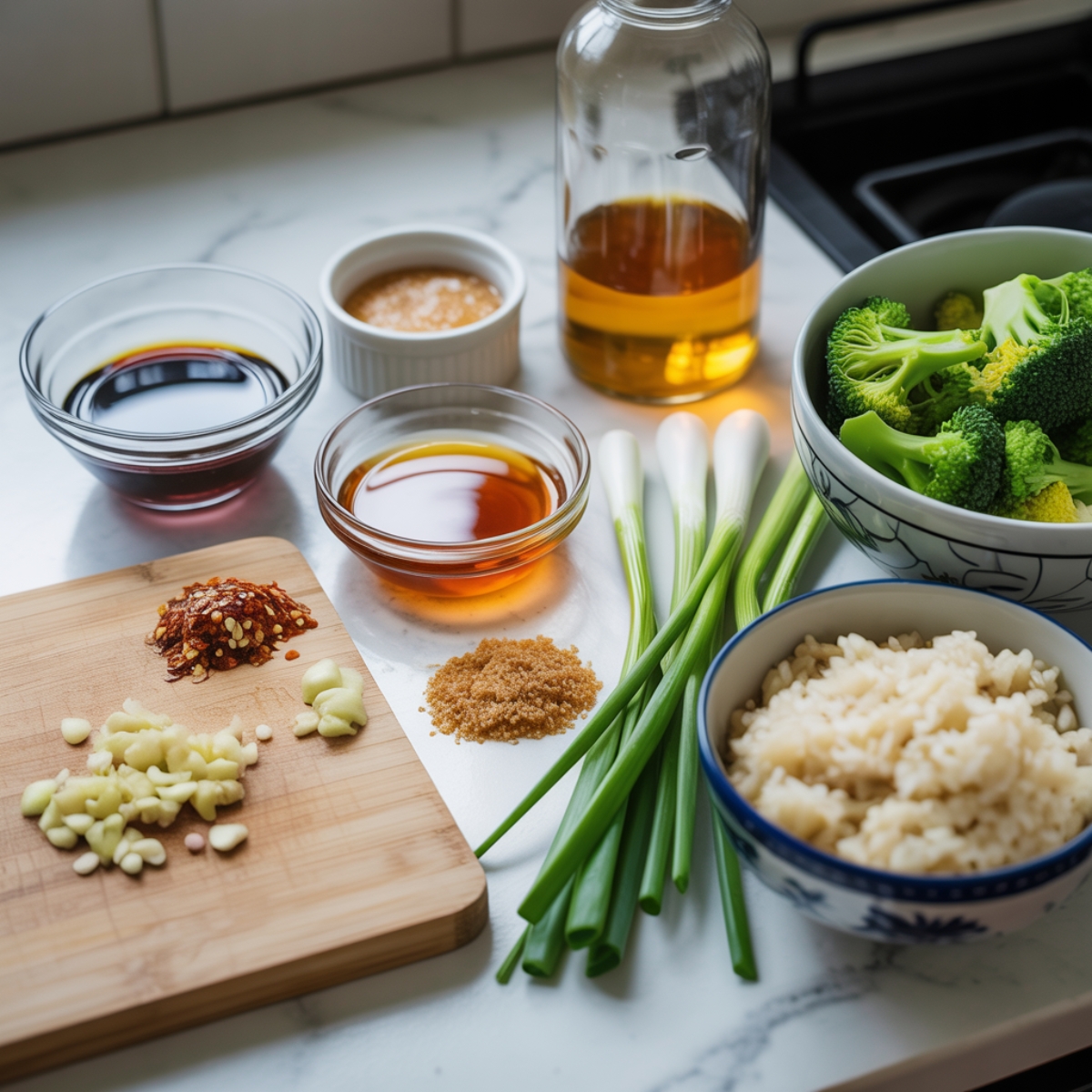 Flat lay of homemade teriyaki chicken ingredients on a white kitchen counter.