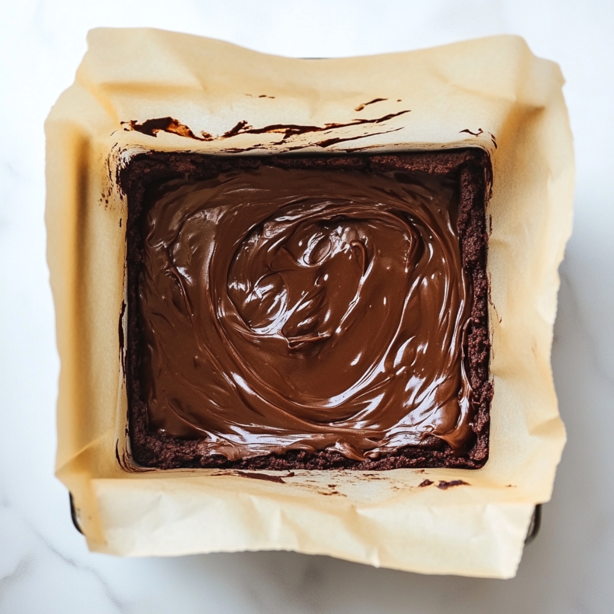 Pouring brownie batter into a parchment-lined pan on a kitchen counter