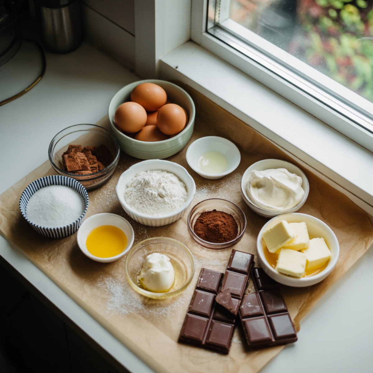 Top-down view of ingredients for tiramisu brownies on a white kitchen counter
