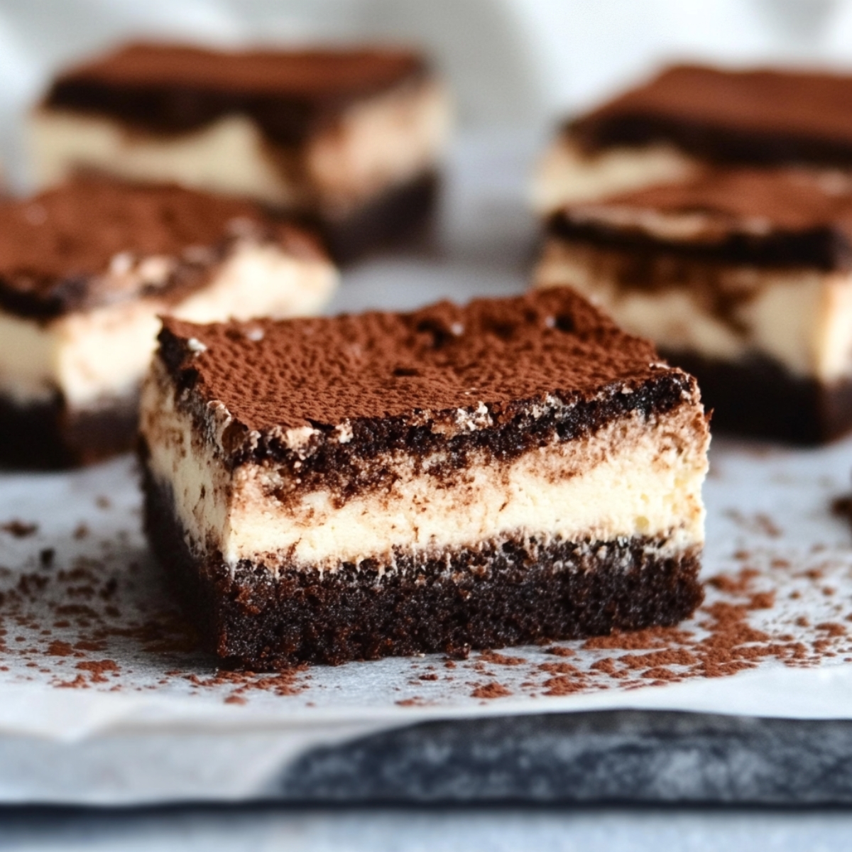 Close-up of a tiramisu brownie with creamy mascarpone layer and cocoa powder topping on parchment paper