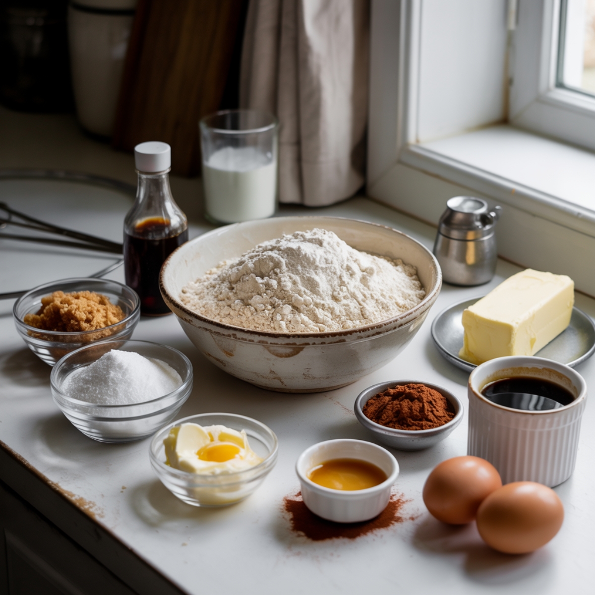 Tiramisu cookies ingredients laid out on a white kitchen counter
