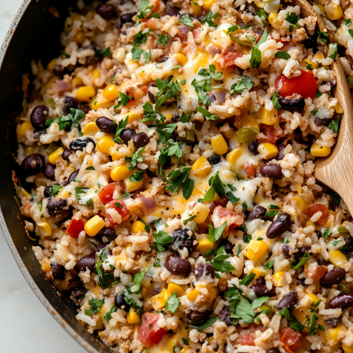 Vegetarian rice and bean stuffing in skillet