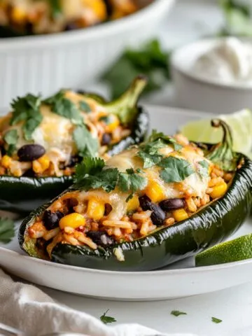 Side view of roasted vegetarian stuffed poblano peppers on plate