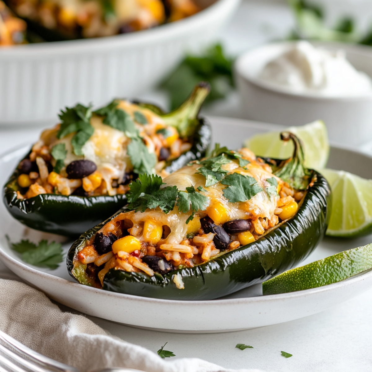 Side view of roasted vegetarian stuffed poblano peppers on plate