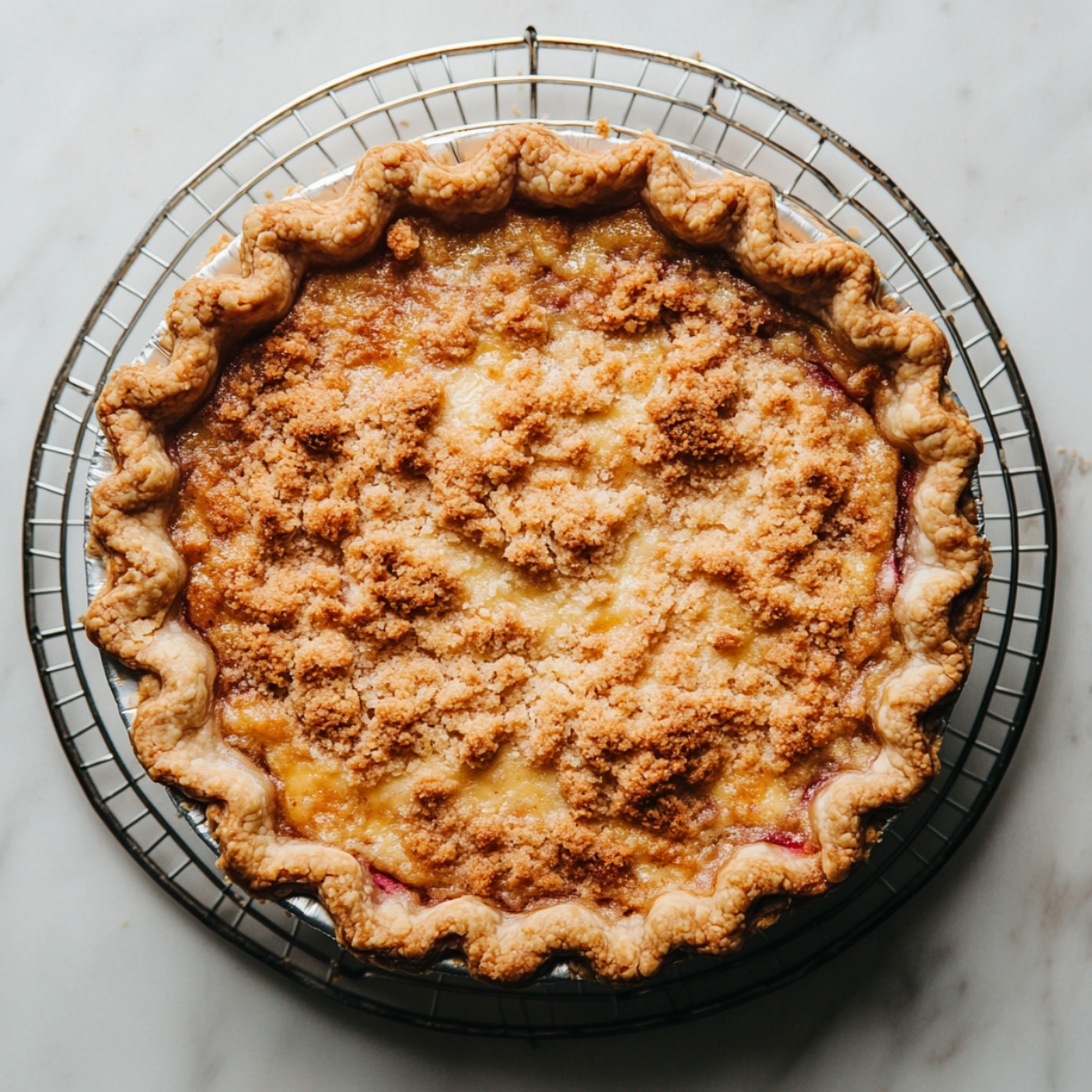 Baked rhubarb custard pie cooling on wire rack