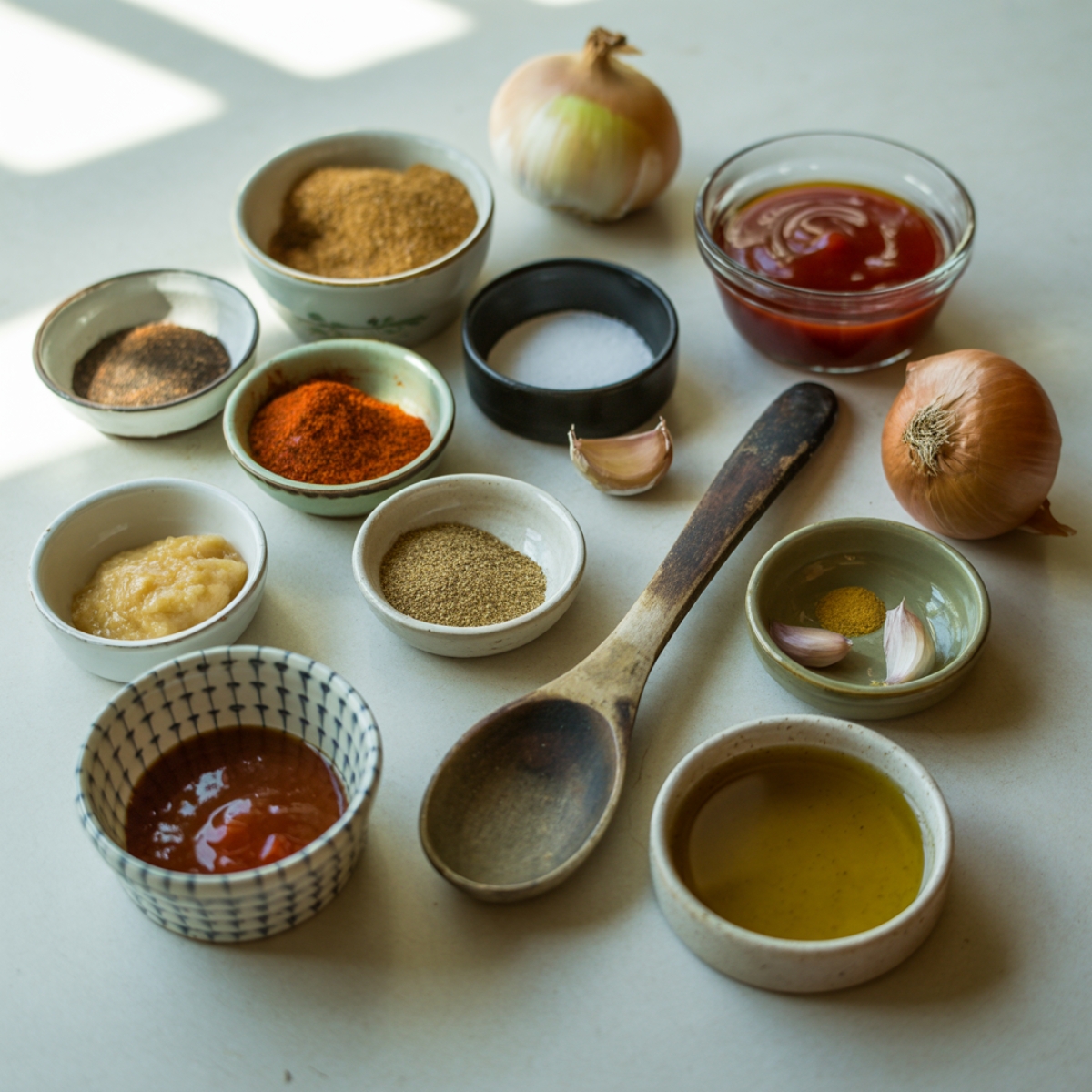 BBQ shredded chicken Instant Pot ingredients on a white kitchen counter
