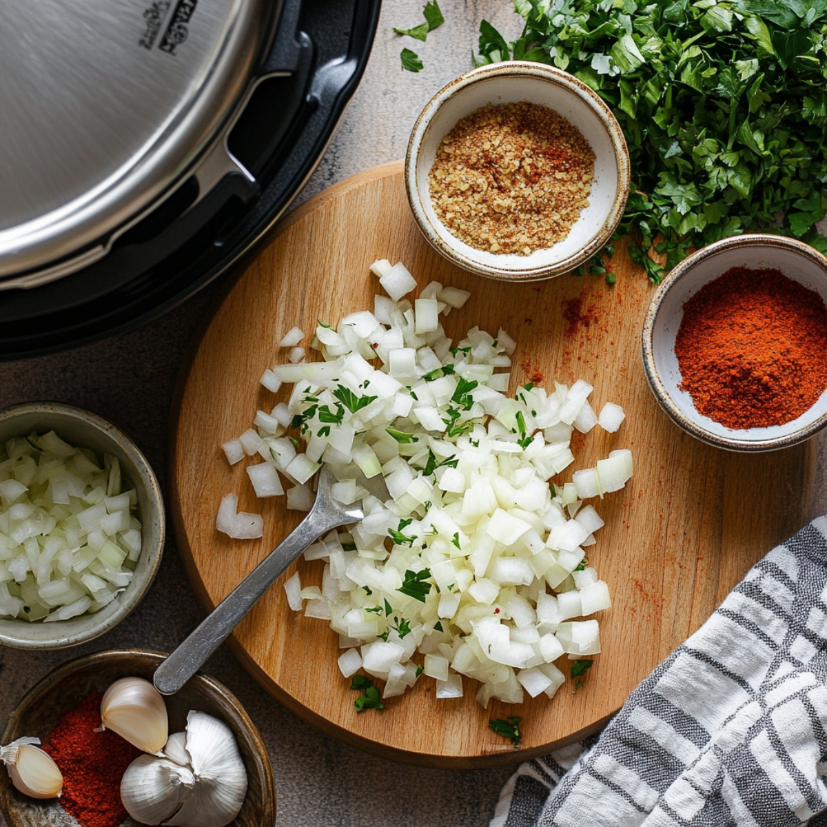 Spices, onions, and garlic prepped beside Instant Pot for BBQ shredded chicken