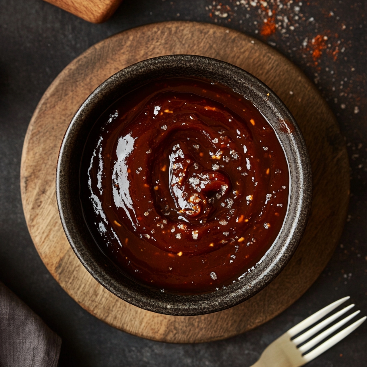 Homemade BBQ sauce ingredients mixed in bowl beside shredded chicken