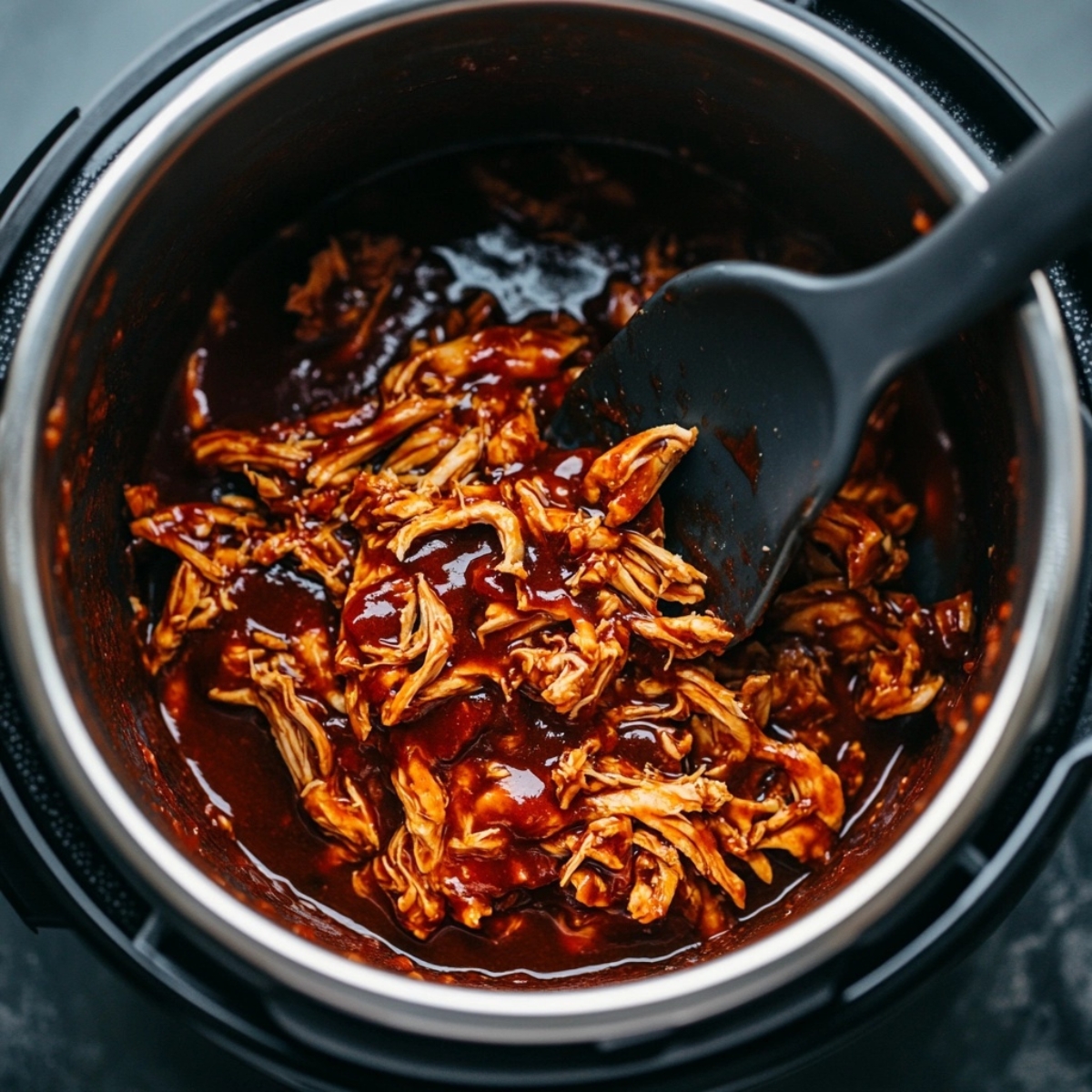Instant Pot filled with shredded BBQ chicken coated in sauce


