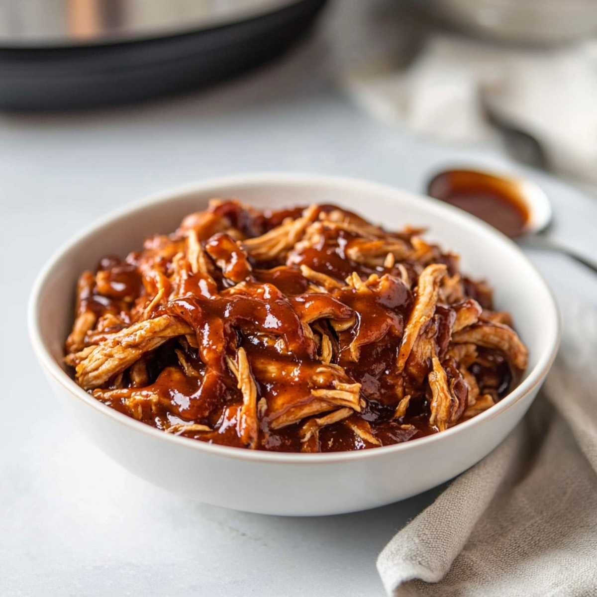 BBQ shredded chicken served in bowl with barbecue sauce on white counter


