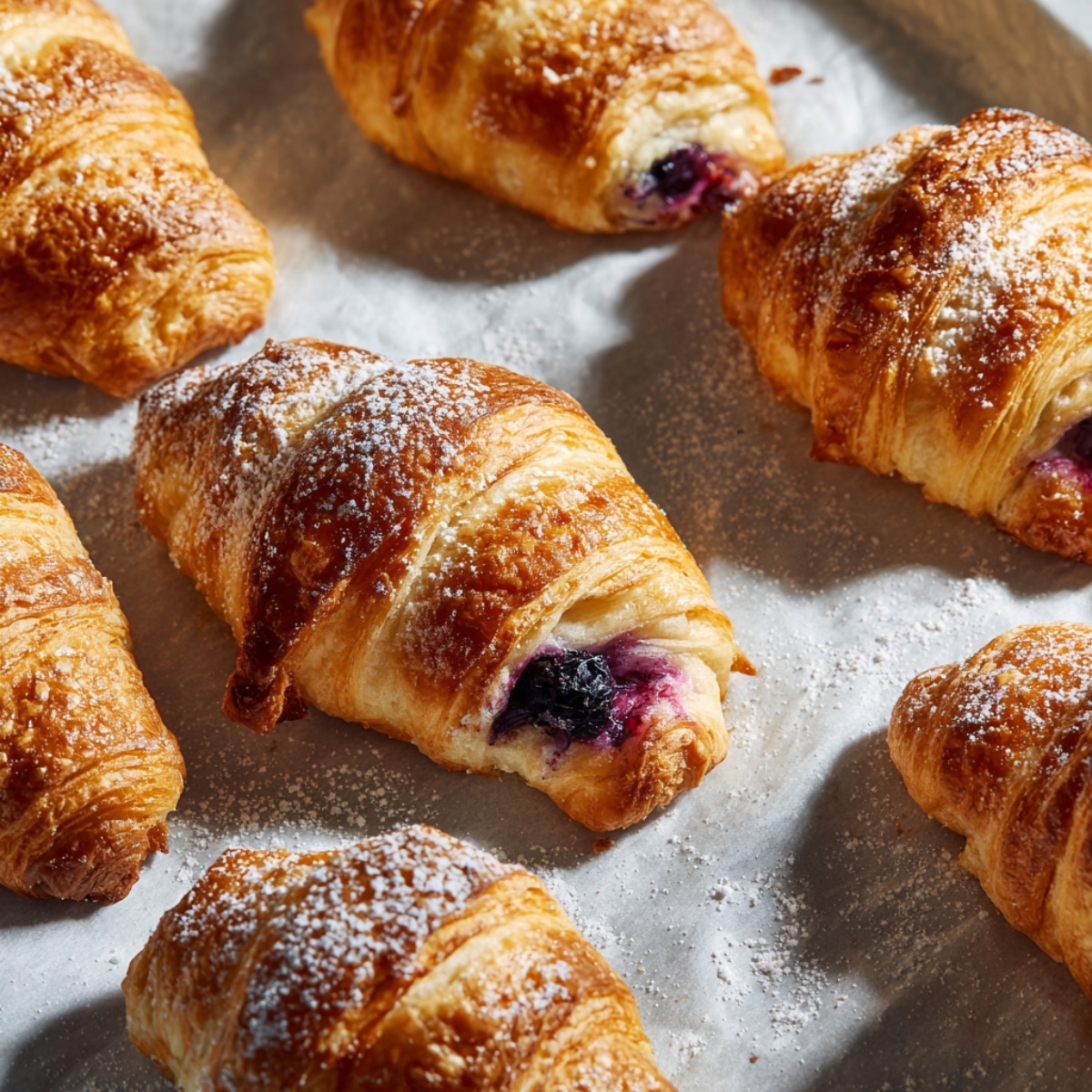 Freshly baked blueberry croissants golden and flaky on baking sheet