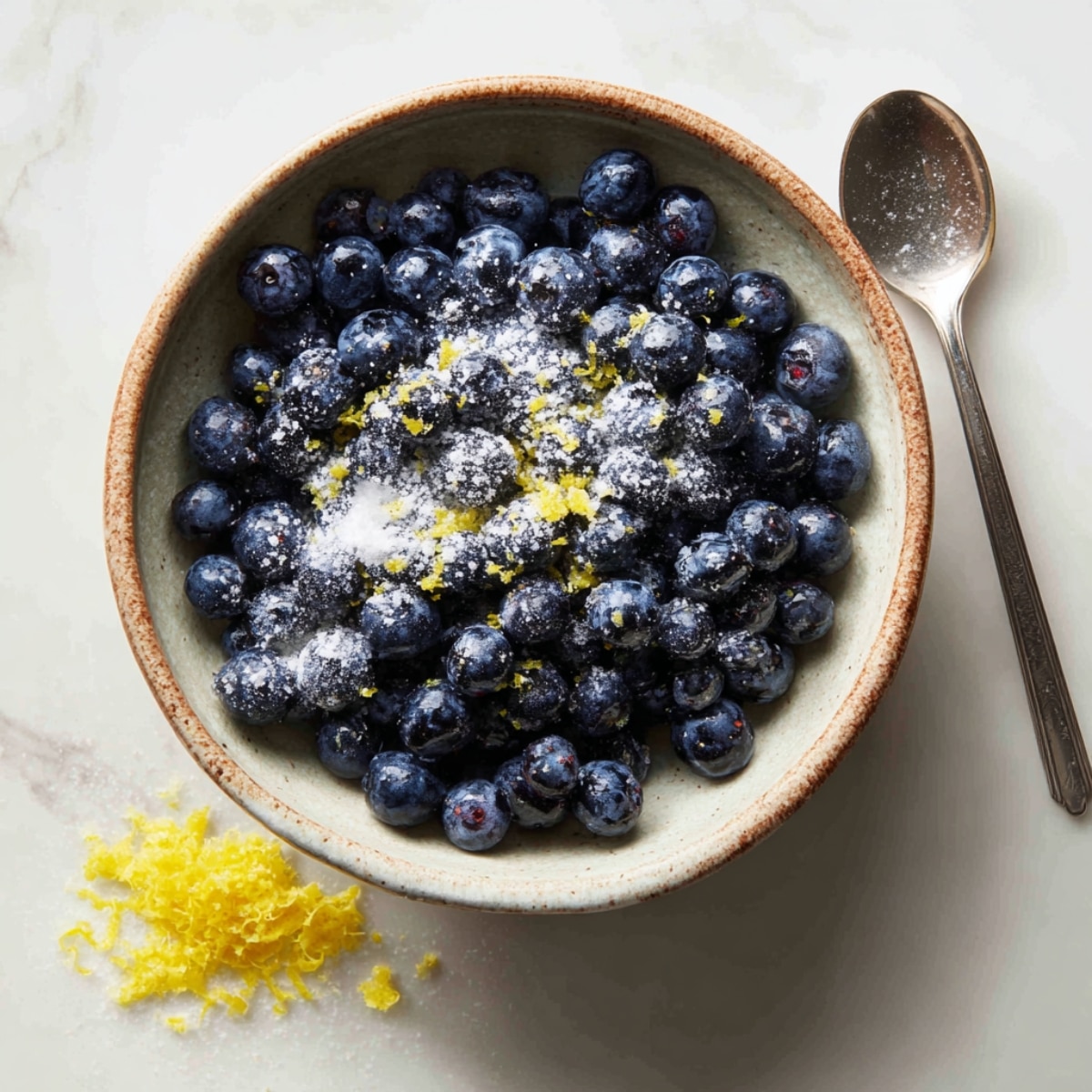 Blueberry croissant filling in a bowl with lemon zest and sugar